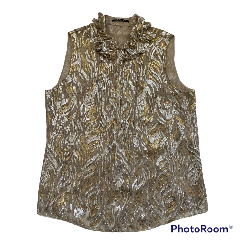 Elie Tahari Silk Sleeveless Blouse Ruffle 
Metallic Neutral Button Down Top M